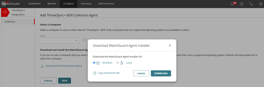 Screenshot of the Add ThreatSync+ NDR Collection Agent page that shows the Windows installer option