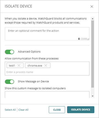 Screenshot of the Isolate Device dialog box with Advanced Options enabled.