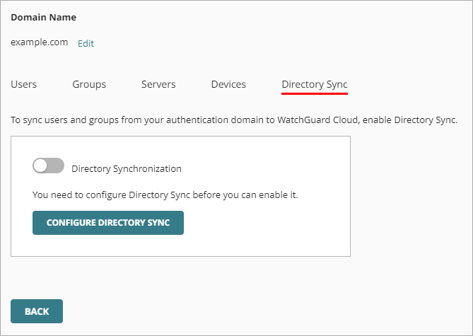 Screen shot of the Directory Sync tab on the Authentication Domain page