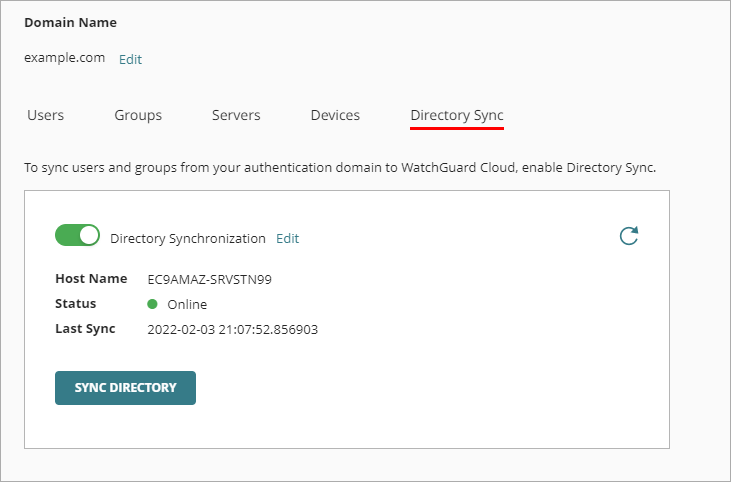 Screen shot of the Directory Sync tab on the Authentication Domain page