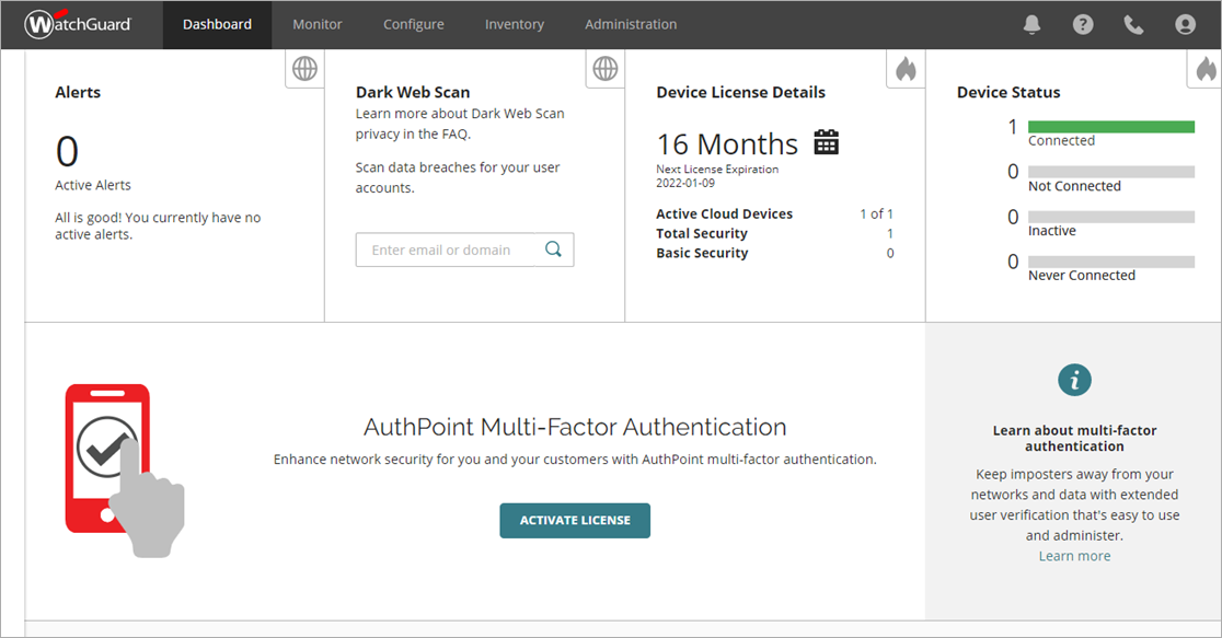 Screen shot of WatchGuard Cloud, Dashboard