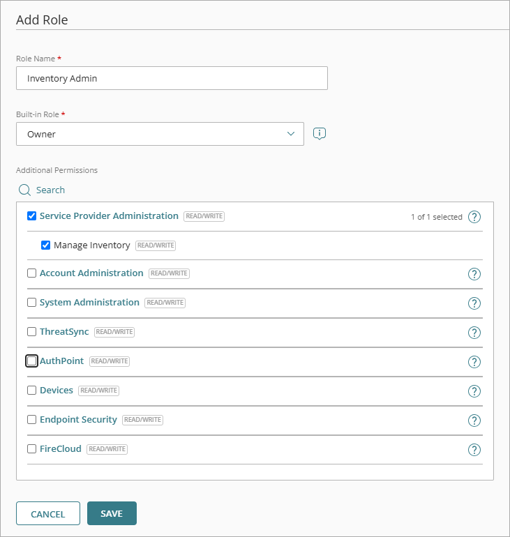 Screen shot of Add Role dialog box for custom operator roles