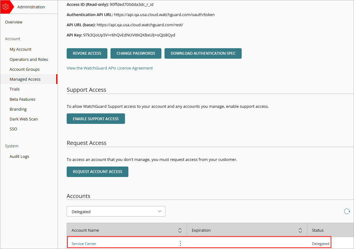 Screen shot of WatchGuard Cloud, Managed Access page, Delegated accounts