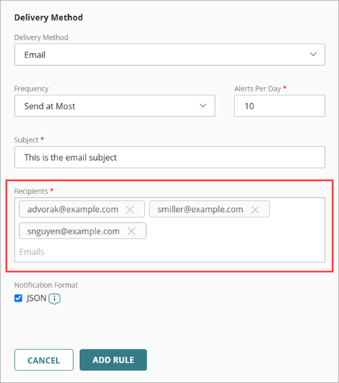 Screen shot of the Delivery Method section for ThreatSync+ on the Add Rules page in WatchGuard Cloud