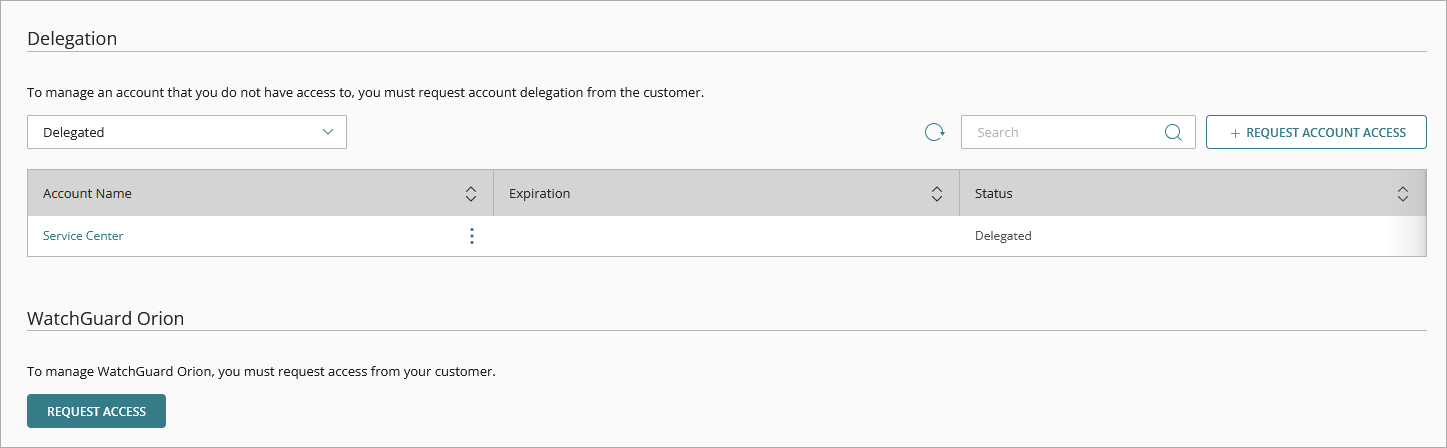 Screen shot of Managed Access page in WatchGuard Cloud, WatchGuard Orion section