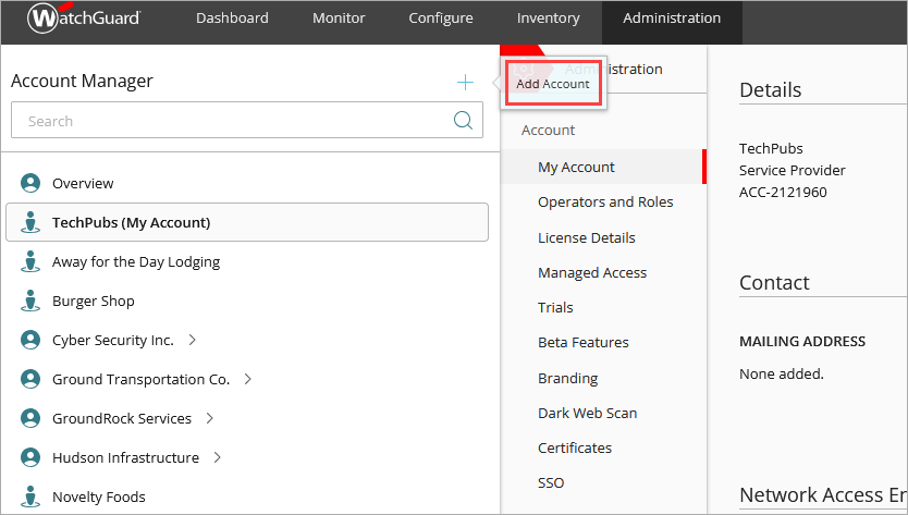 Screen shot of WatchGuard Cloud, Account Manager, Add Account