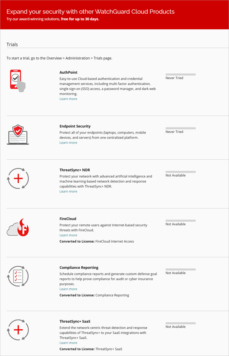 Screenshot of the Trials page, Subscriber view in WatchGuard Cloud