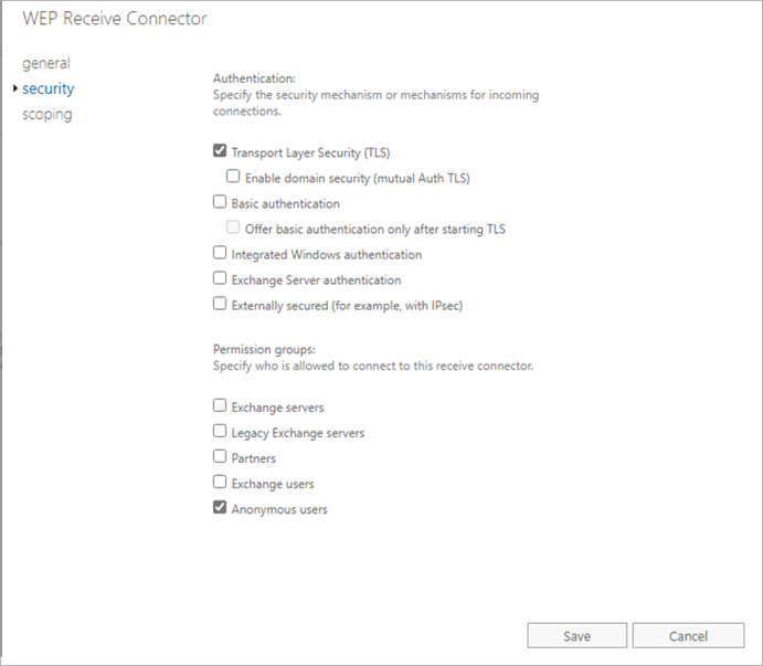 Screenshot of the WEP Receive Connectors Security page