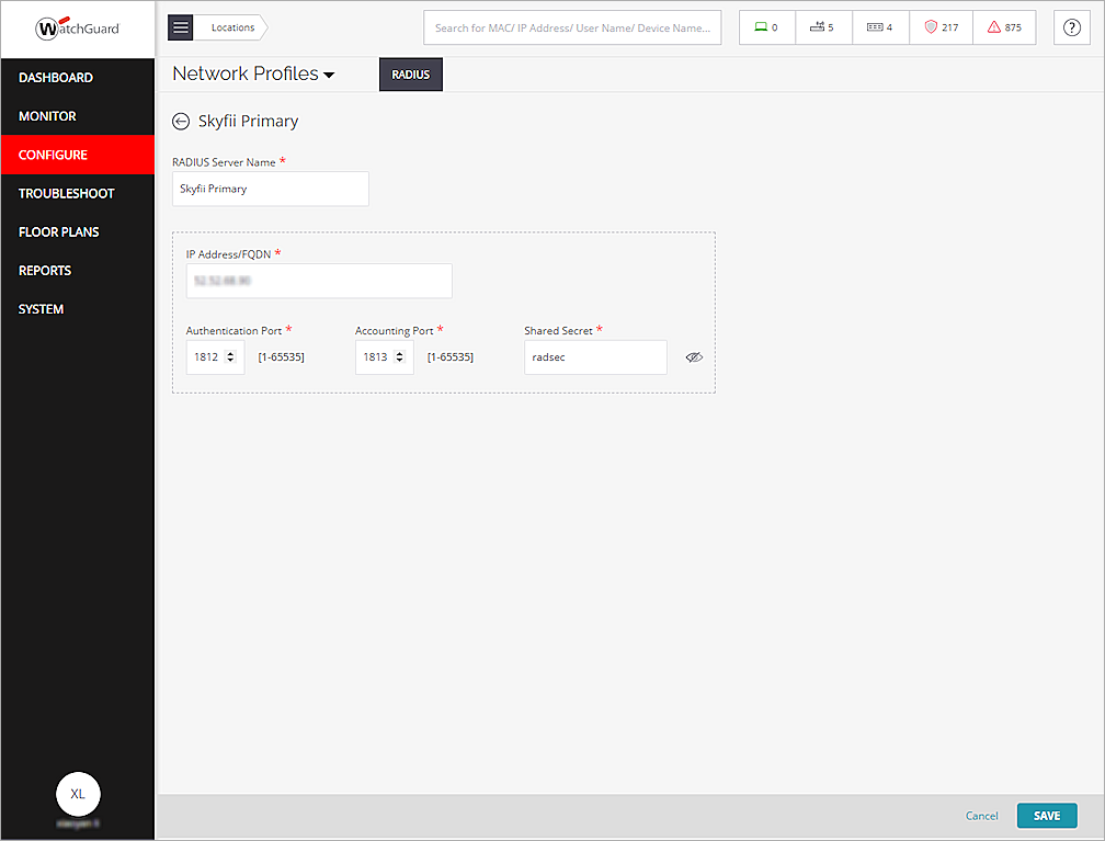 Screen shot of the RADIUS server settings in Wi-Fi Cloud 