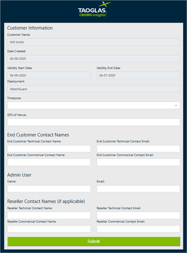 Screenshot of the Taoglas Customer Information page