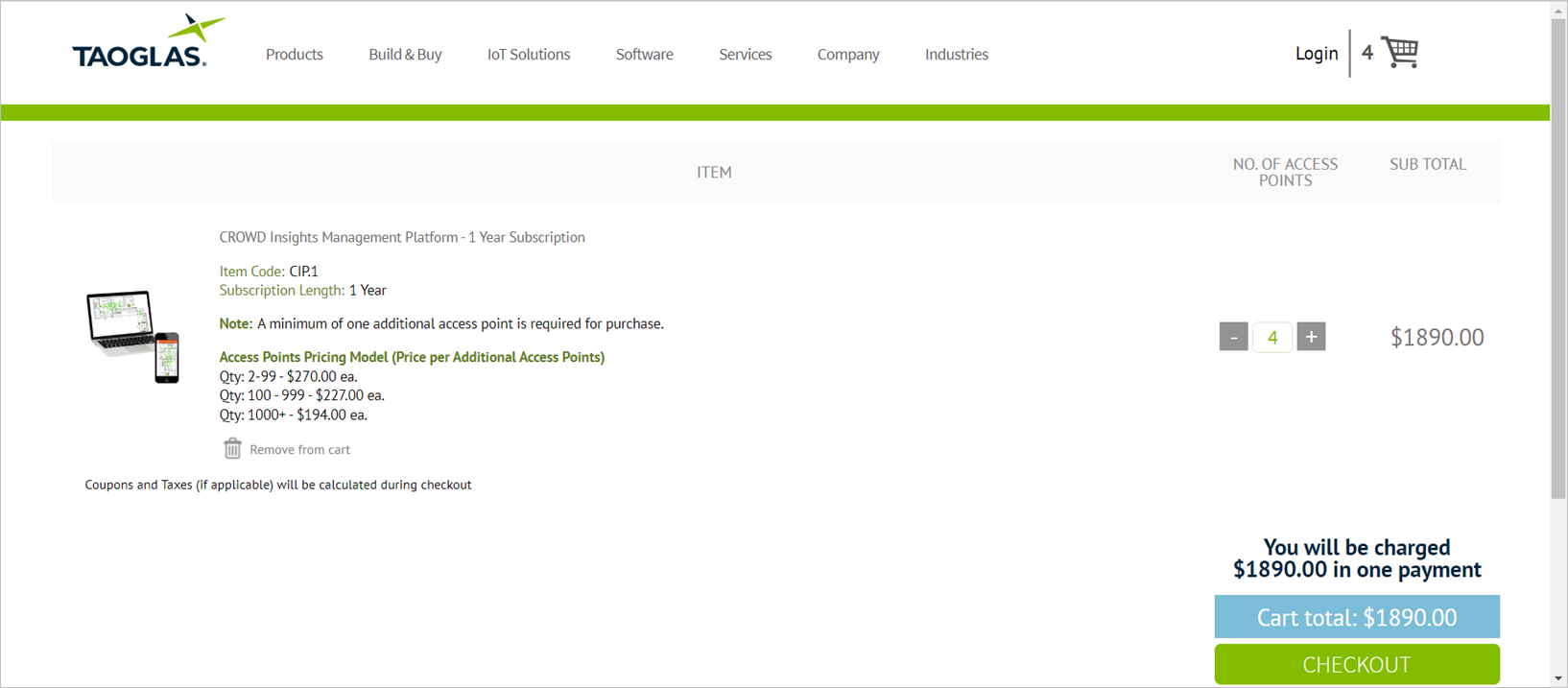 Screenshot of the Taoglas subscription cart