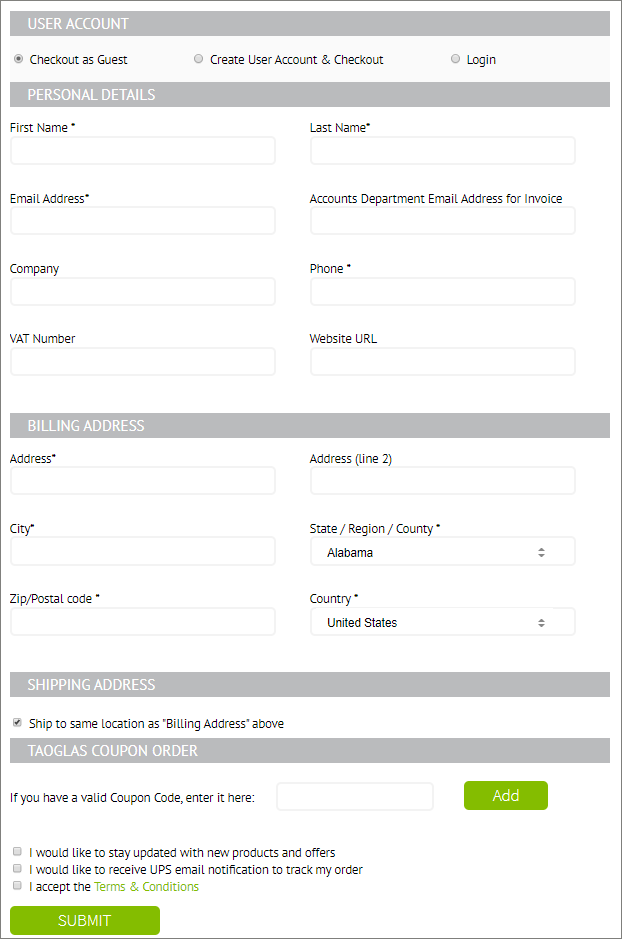 Screenshot of the Taoglas account information page