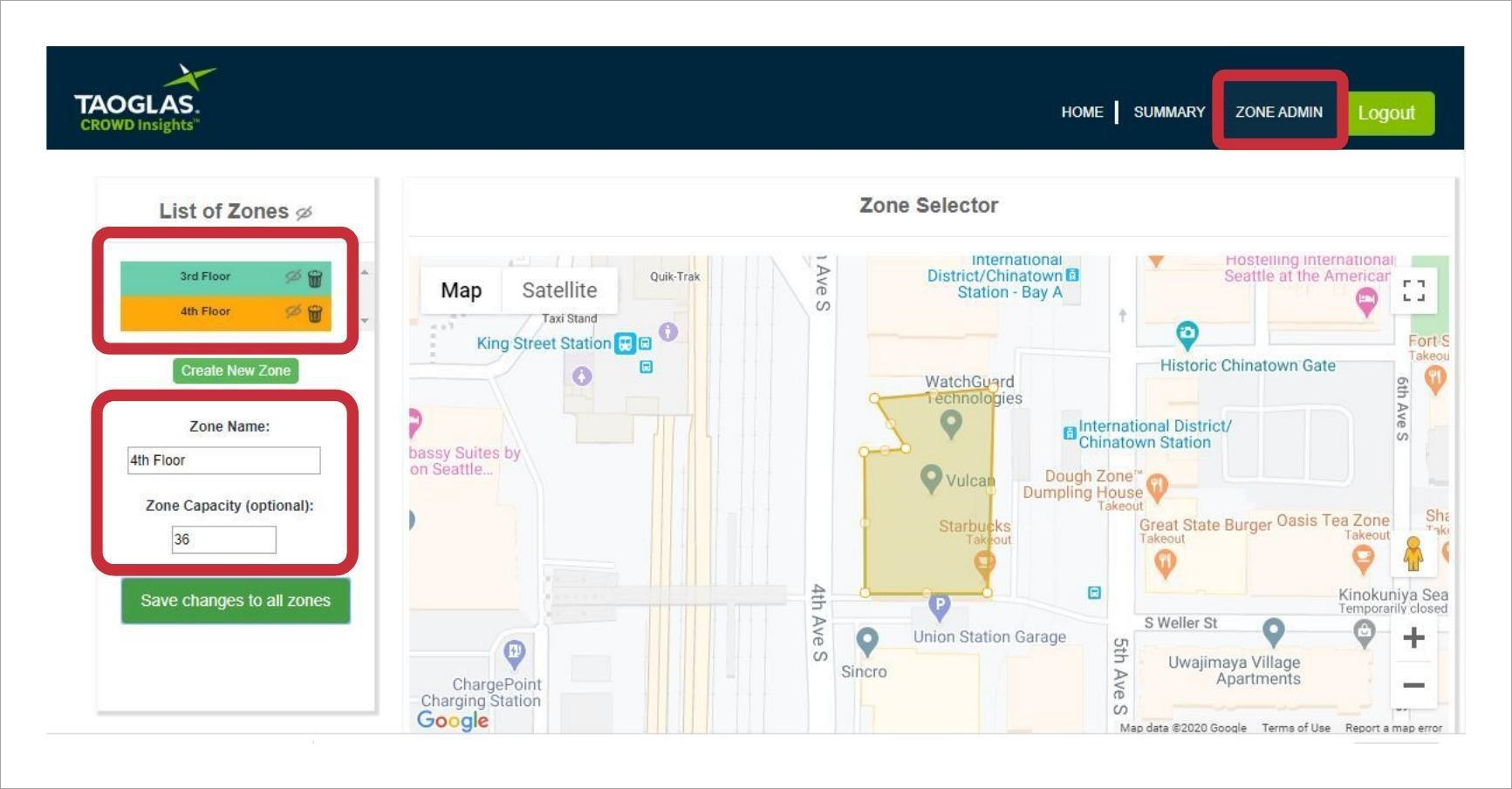 Screen shot of the Taoglas Zone Admin page