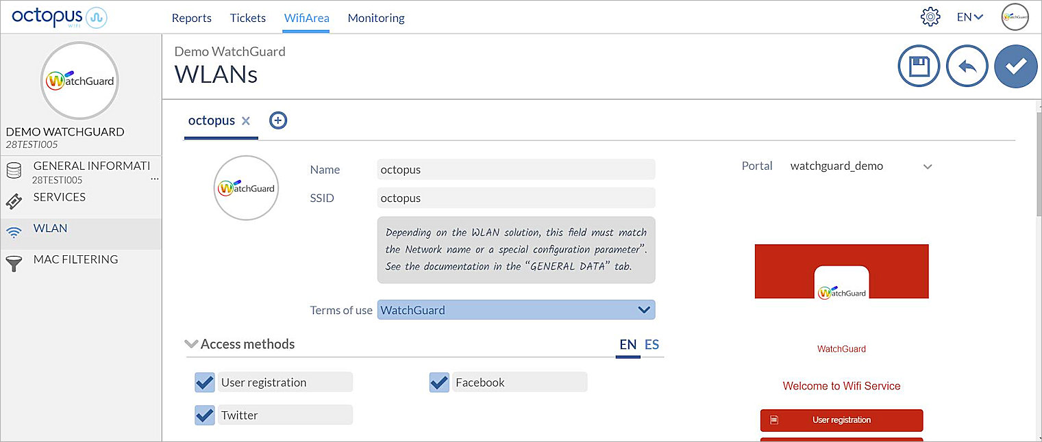 WifiArea WLAN configuration page