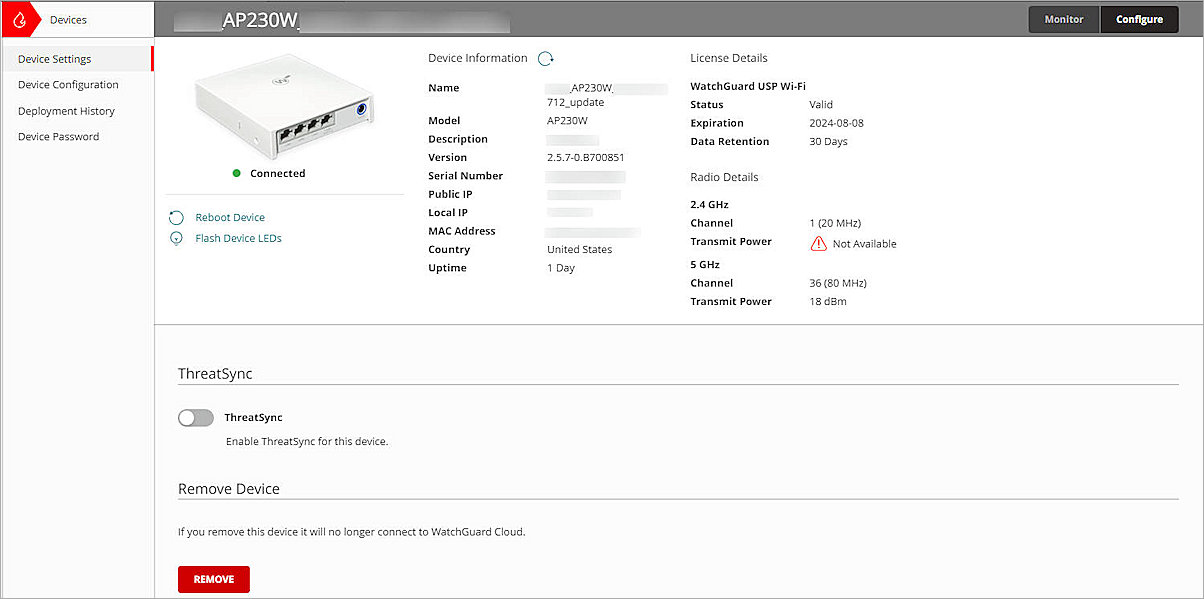 Screenshot of the access point Device Settings page