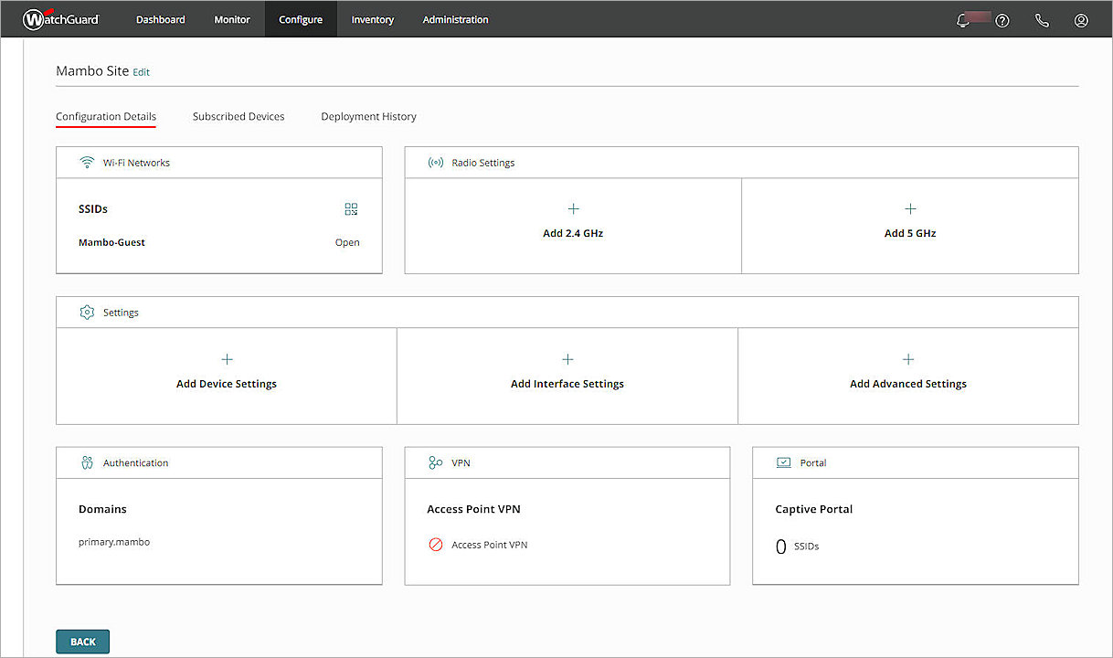 Screenshot of the Access Point Site configuration page