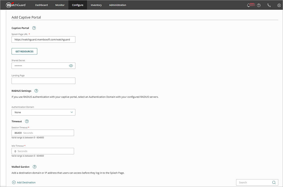 Screenshot of the Add Captive Portal page in WatchGuard Cloud