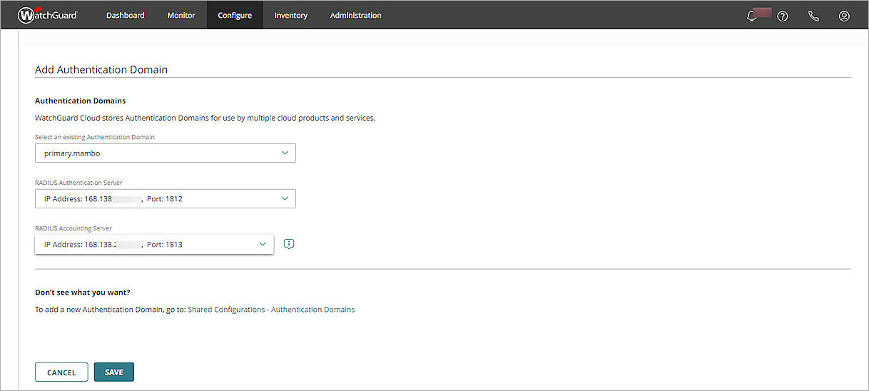 Screenshot of the Add Authentication Domain page in WatchGuard Cloud