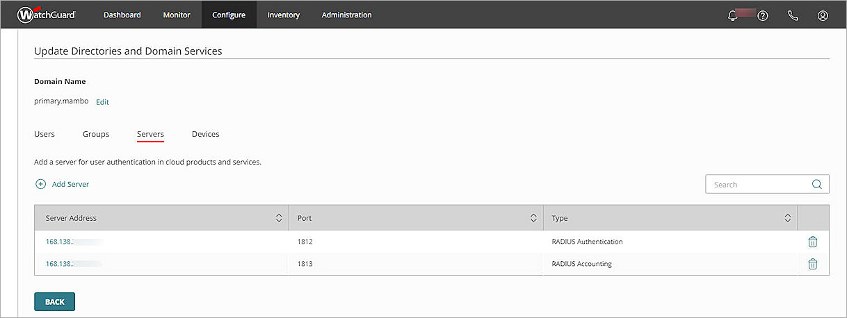 Screenshot of the Authentication Domains - Directories and Domain services page