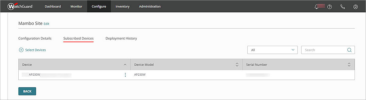 Screenshot of the subscribed devices in an Access Point Site