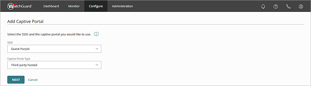 Screenshot of the Captive Portal type selection in WatchGuard Cloud