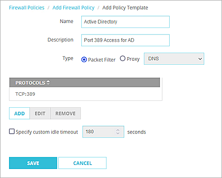 Screenshot of the Add Policy Template page on a Firebox