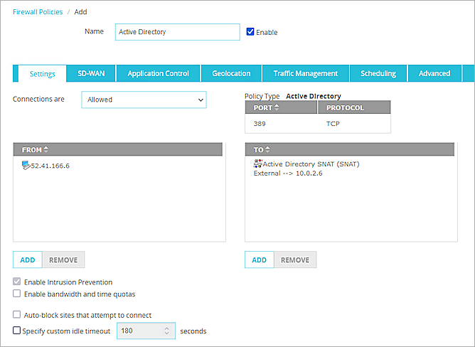 Screenshot of the Policy Configuration page for Active Directory on a Firebox