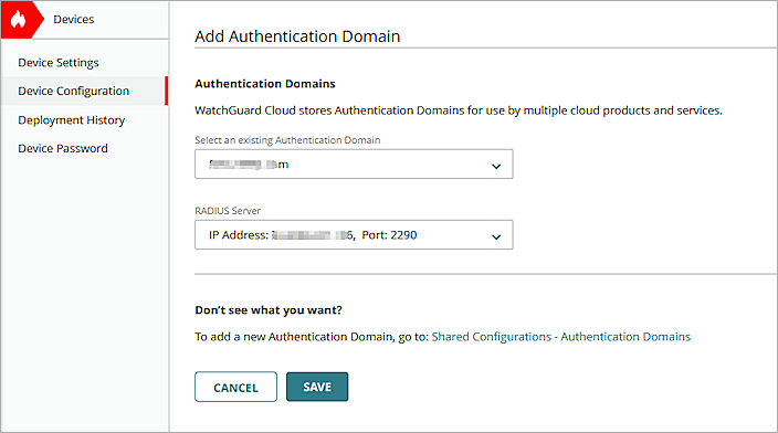 Screenshot of the Add Authentication Domain page in WatchGuard Cloud