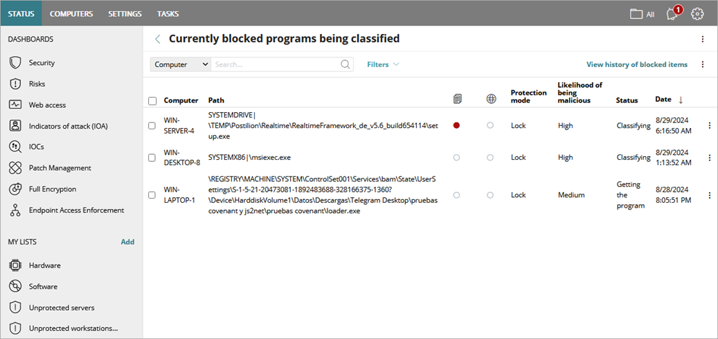 Screen shot of Currently Blocked Programs Being Classified list.