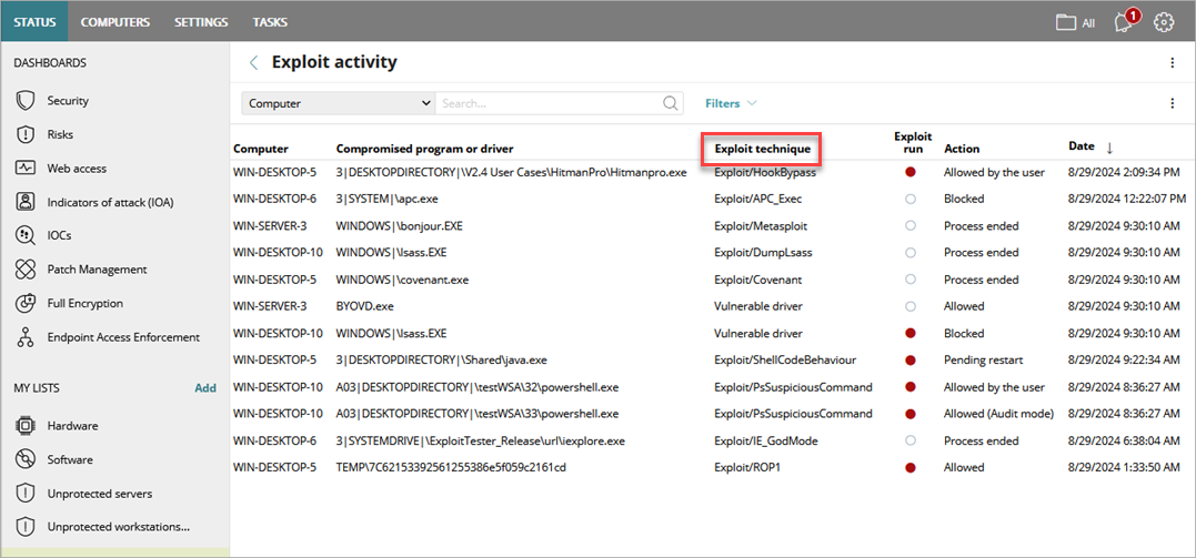 Screen shot of Exploit Techniques column in Exploit Activity list.