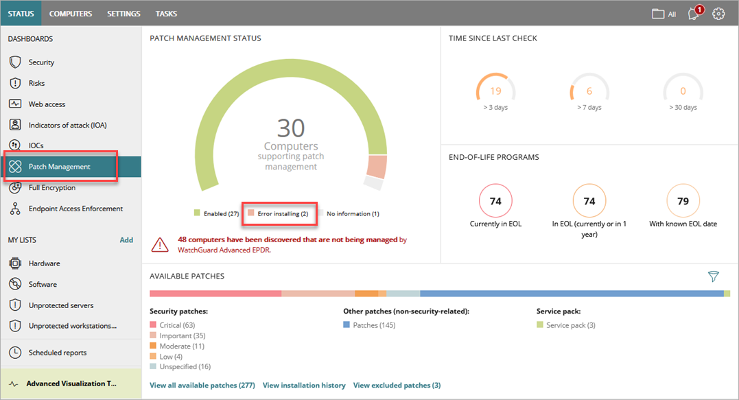 Screen shot of WatchGuard EPDR, Patch Management dashboard, errors