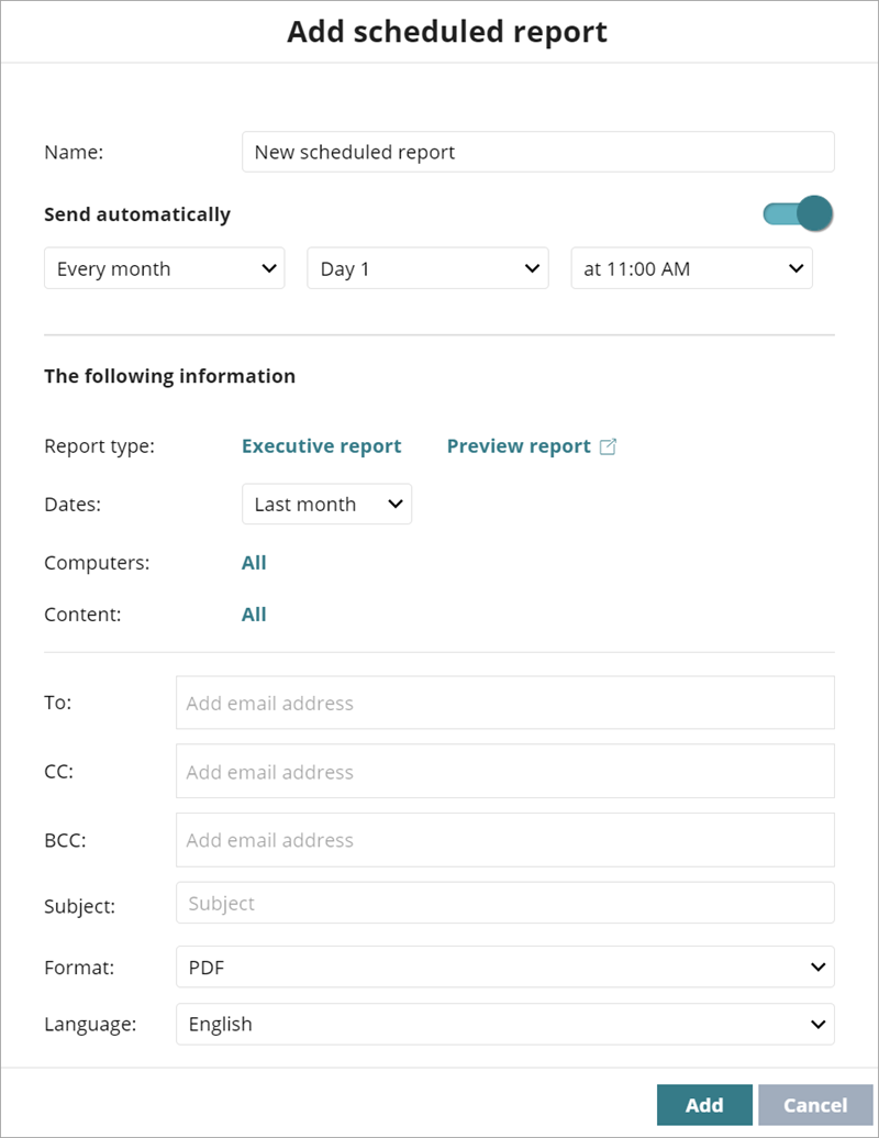 Screen shot of the Add scheduled report window