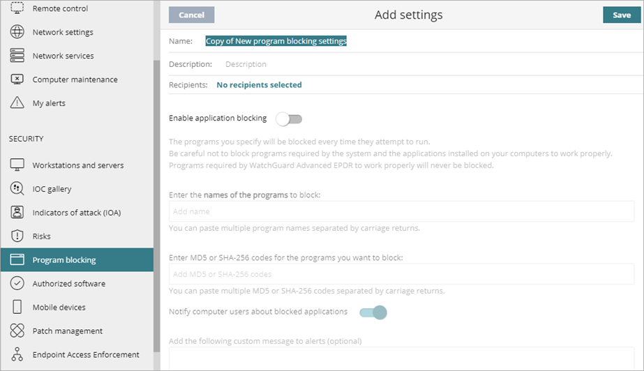 Screen shot of WatchGuard Endpoint Security, Add Settings page