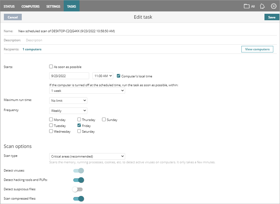 Screen shot of Edit Task for scheduled scan.