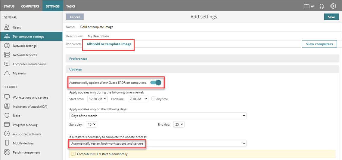 Screen shot of Settings page, Per Computer Settings, Add Settings.