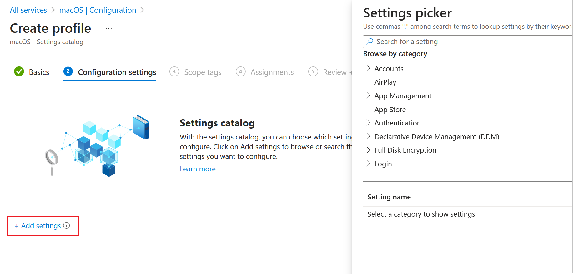 Screen shot of Intune Admin Center, Create Profile