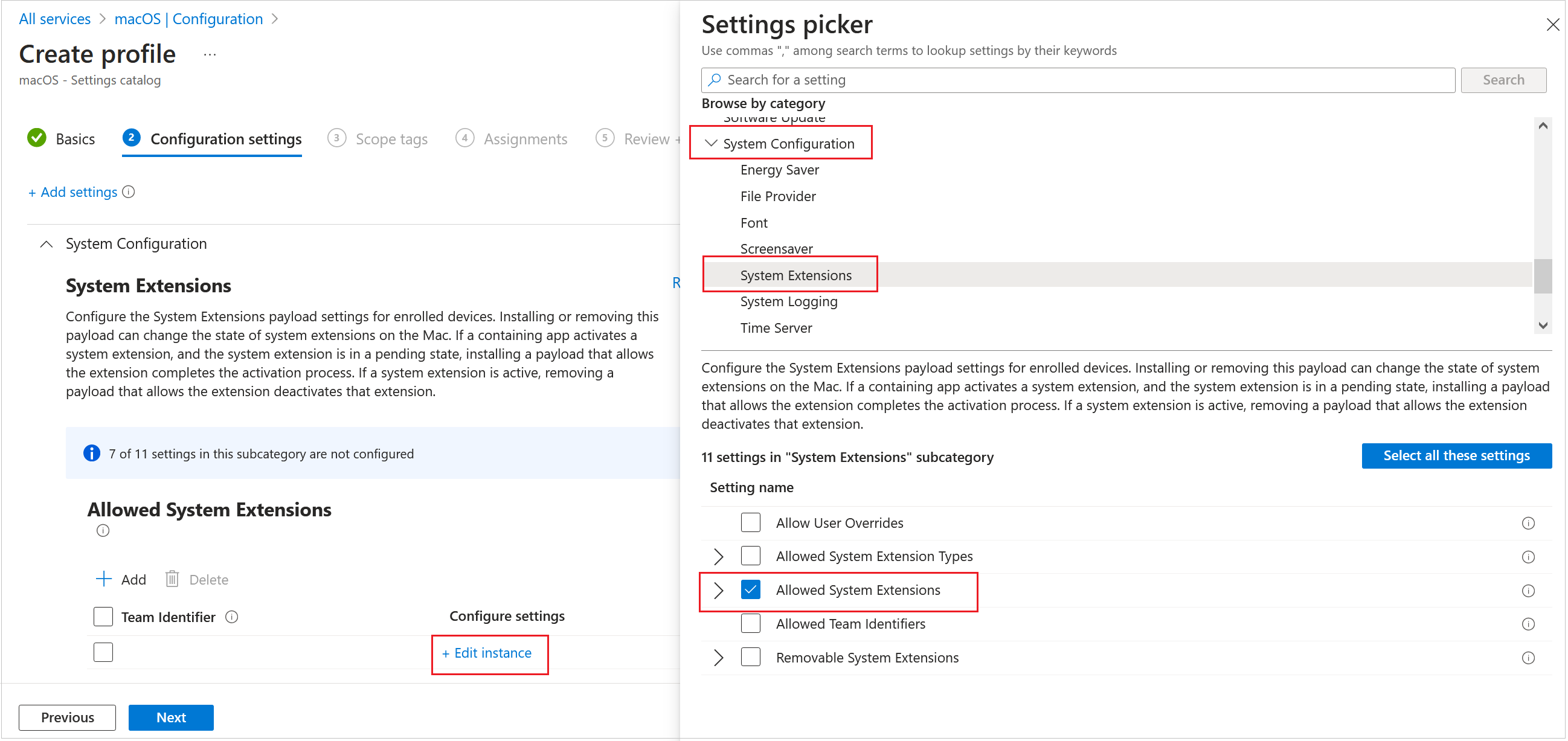 Screen shot of Intune Admin Center, Settings Picker