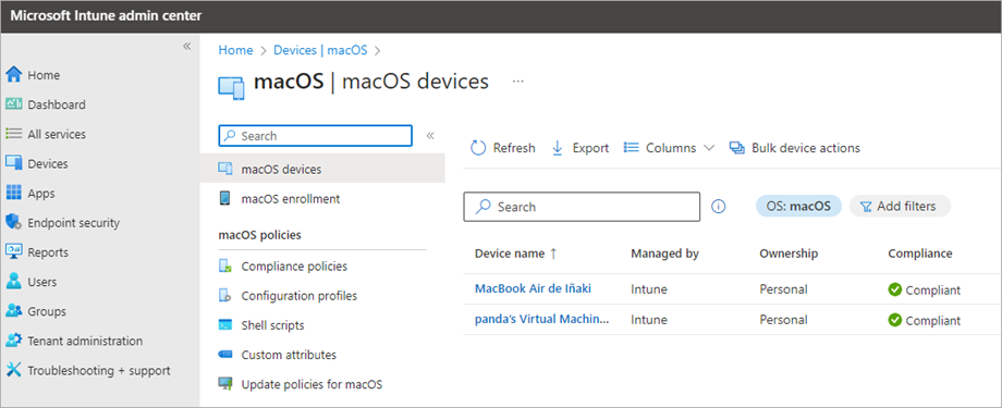 Screen shot of Intune Admin Center, macOS devices