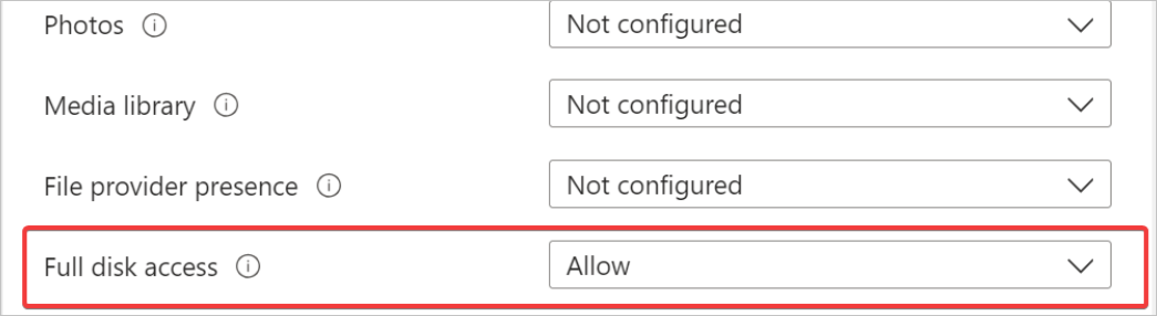 Screen shot of Intune Admin Center, Full Disk Access