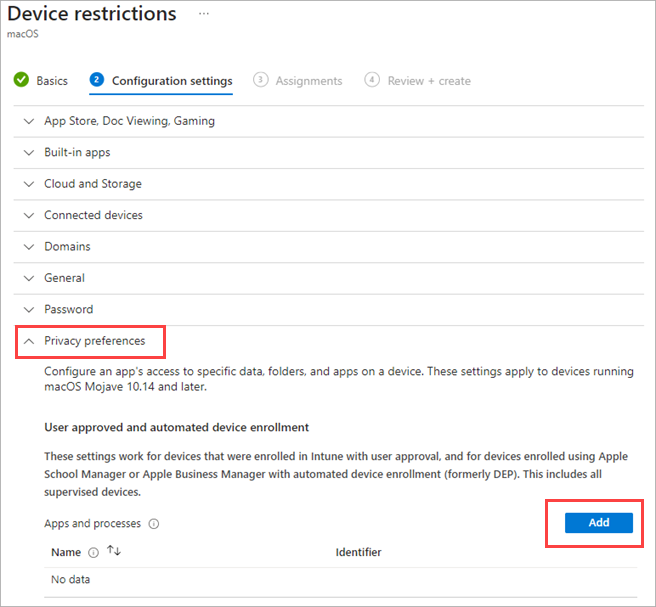 Screen shot of Intune Admin Center, Privacy Preferences