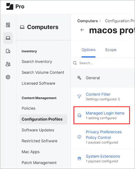 Screen shot of Jamf Pro, Computers menu > Configuration Profiles > Options tab