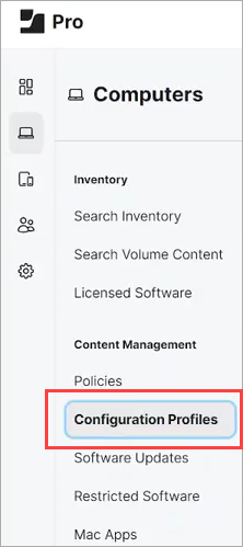 Screen shot of Jamf Pro, Computers menu > Configuration Profiles