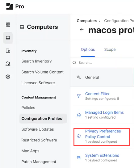 Screen shot of Jamf Pro, Computers menu > Privacy Preferences Policy Control