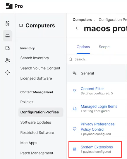 Screen shot of Jamf Pro, Computers menu > System Extensions