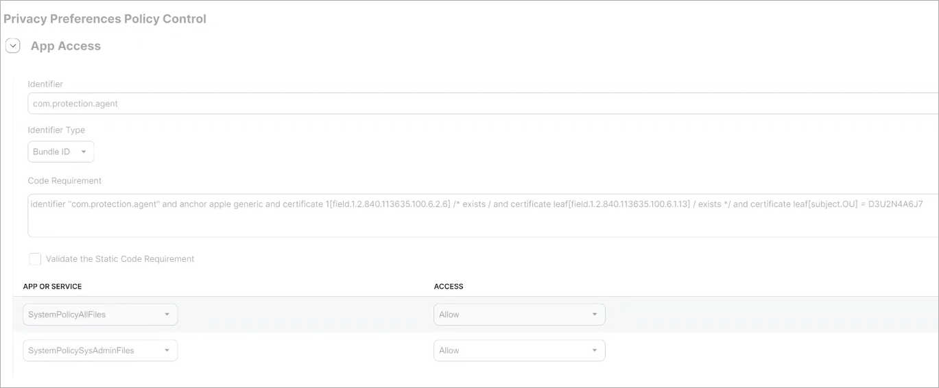 Screen shot of Jamf Pro, Configuration Profiles > Privacy Preferences Policy Control