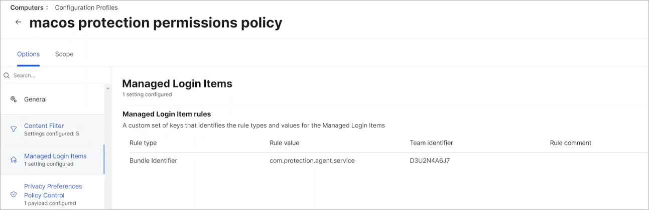 Screen shot of Jamf Pro, Configurtion profiles > Managed login items