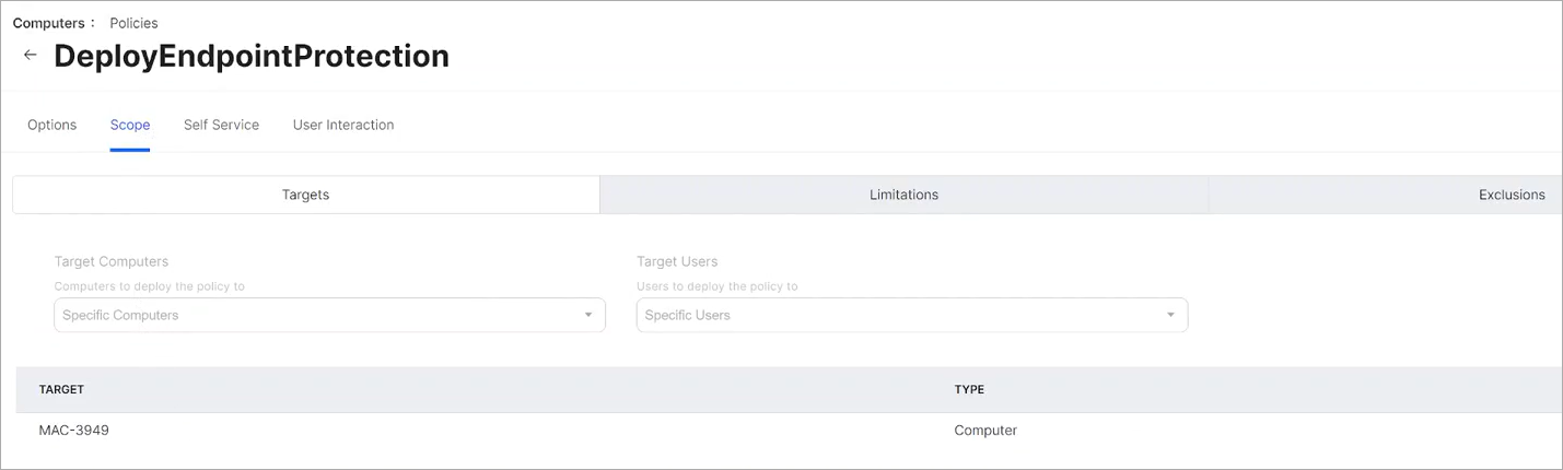 Screen shot of Jamf Pro, Policies > Scope tab