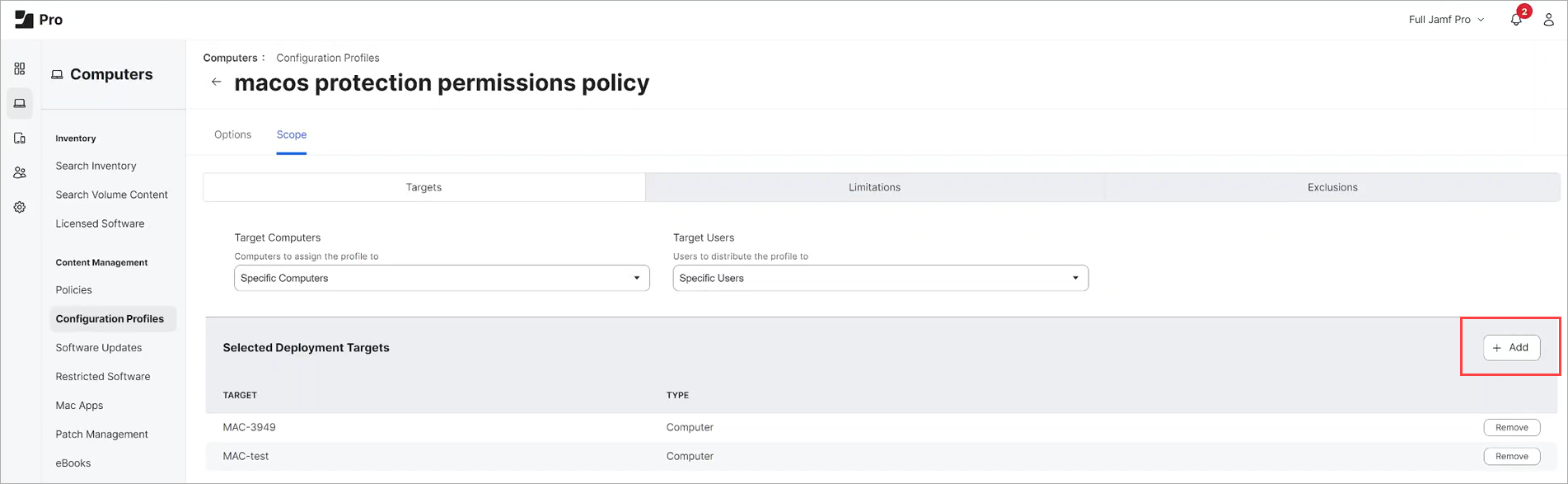 Screen shot of Jamf Pro, Configuration profile scope