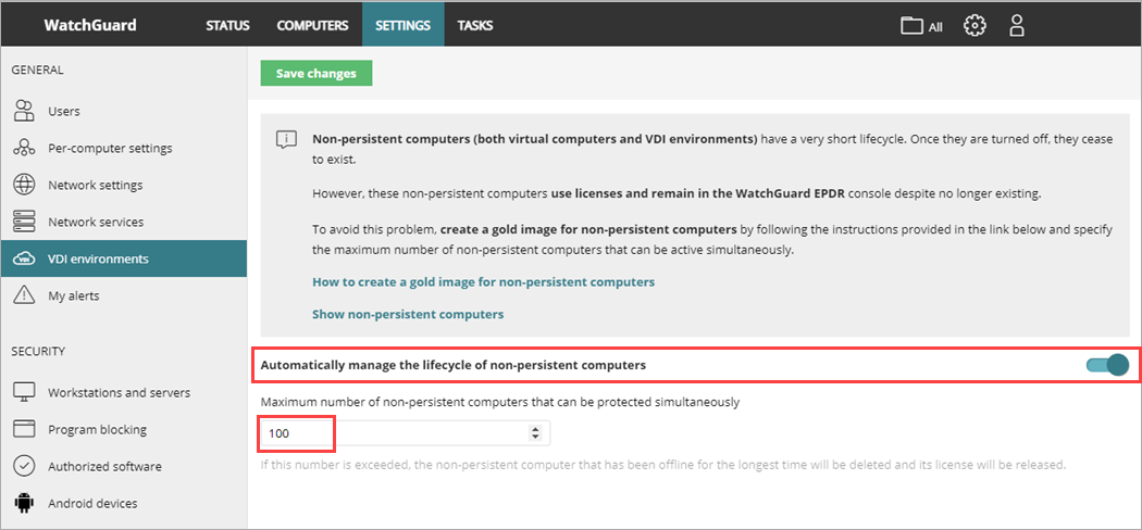 Screen shot of VDI Environments settings page.