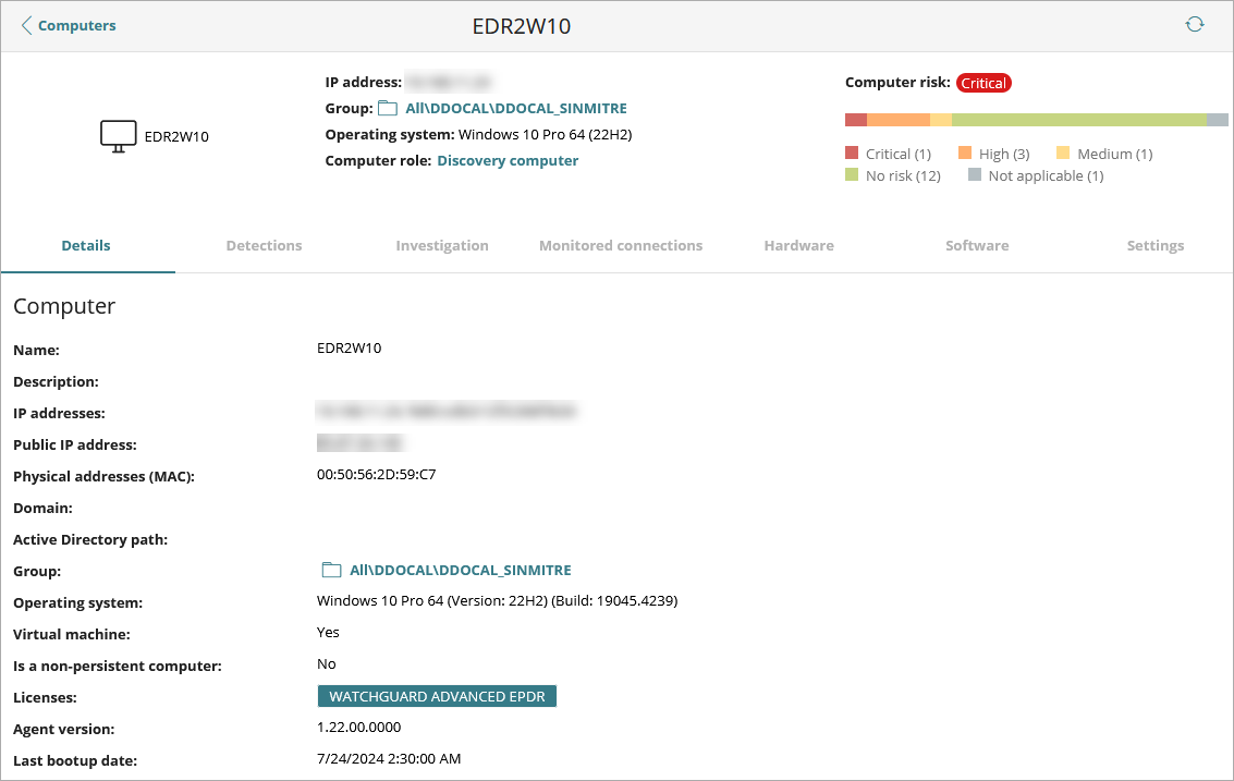 Screen shot of WatchGuard Endpoint Security, Computer details page